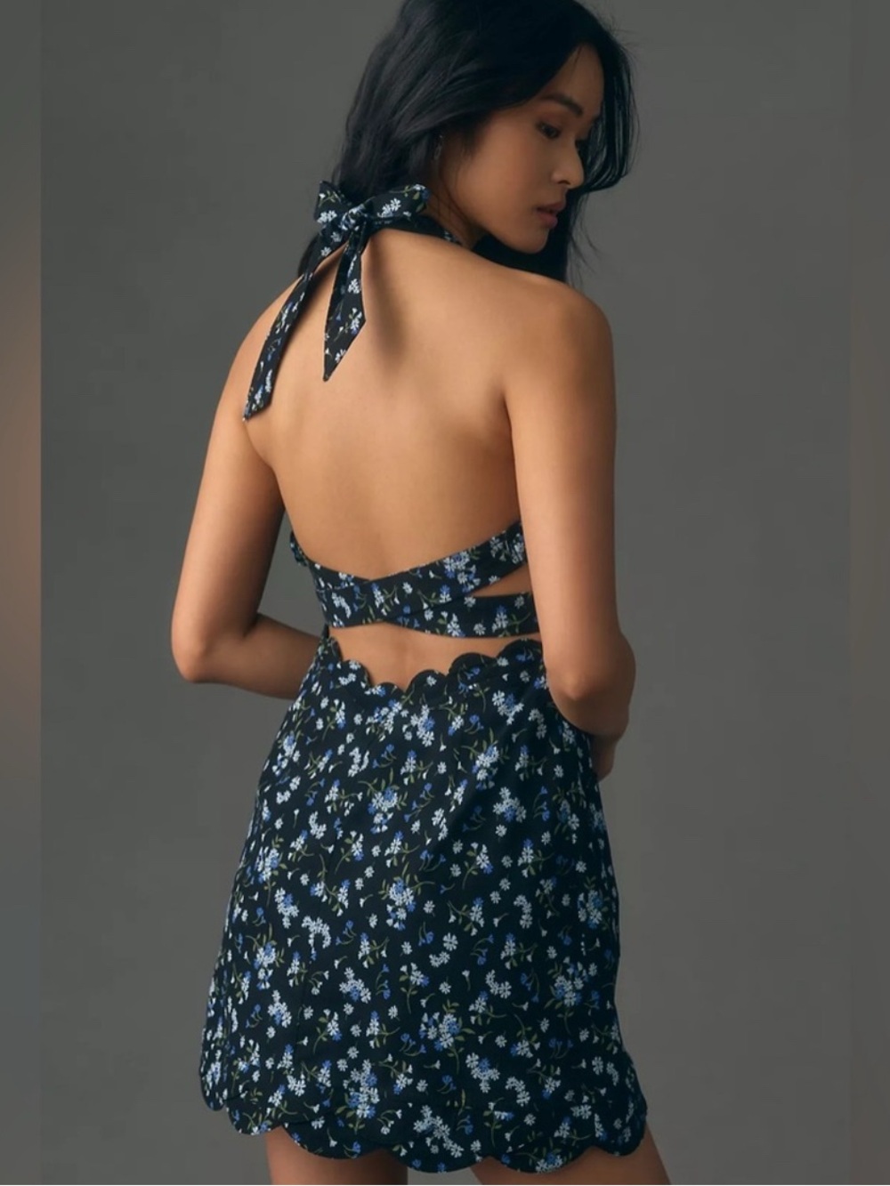 Free People Black Halter Floral Mini Dress with Blue Accents - Picture 2 of 6